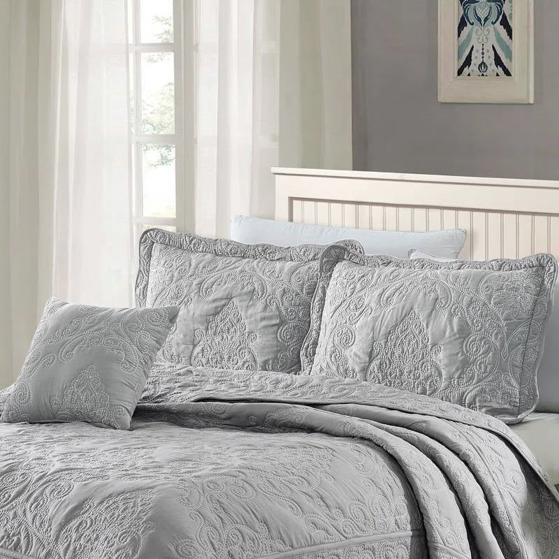 Ash Grey Damask Embroidered Oversized King Bedspread Set, 4-Piece – view 2