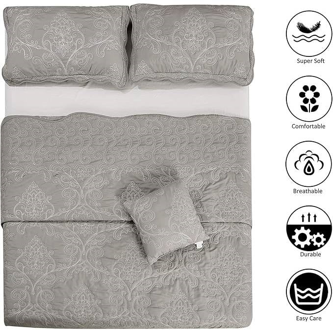 Ash Grey Damask Embroidered Oversized King Bedspread Set, 4-Piece – view 5