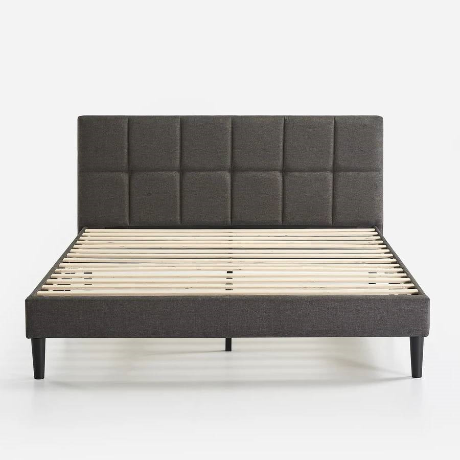 Grey Upholstered King Platform Bed Frame with Padded Headboard