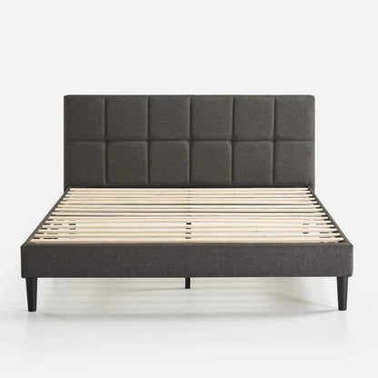 Grey Upholstered King Platform Bed Frame with Padded Headboard