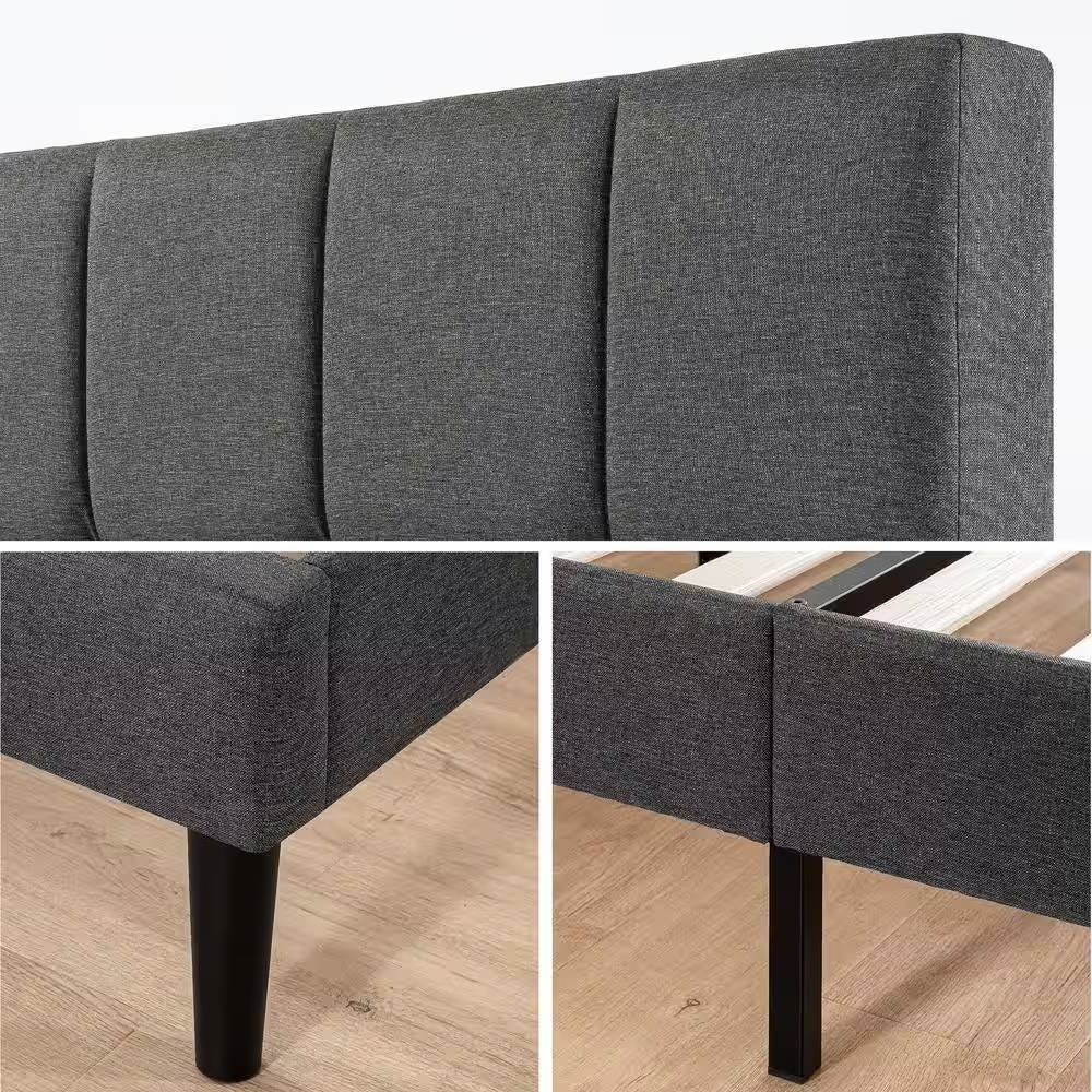 King Size Grey Upholstered Platform Bed Frame with Padded Headboard – view 4