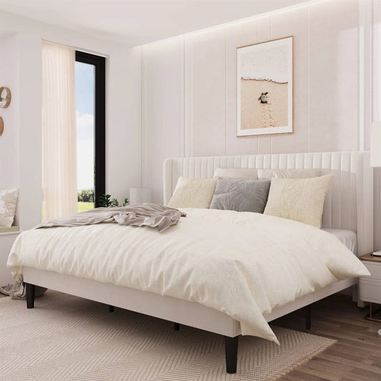 King White Velvet Upholstered Platform Bed with Wingback Headboard