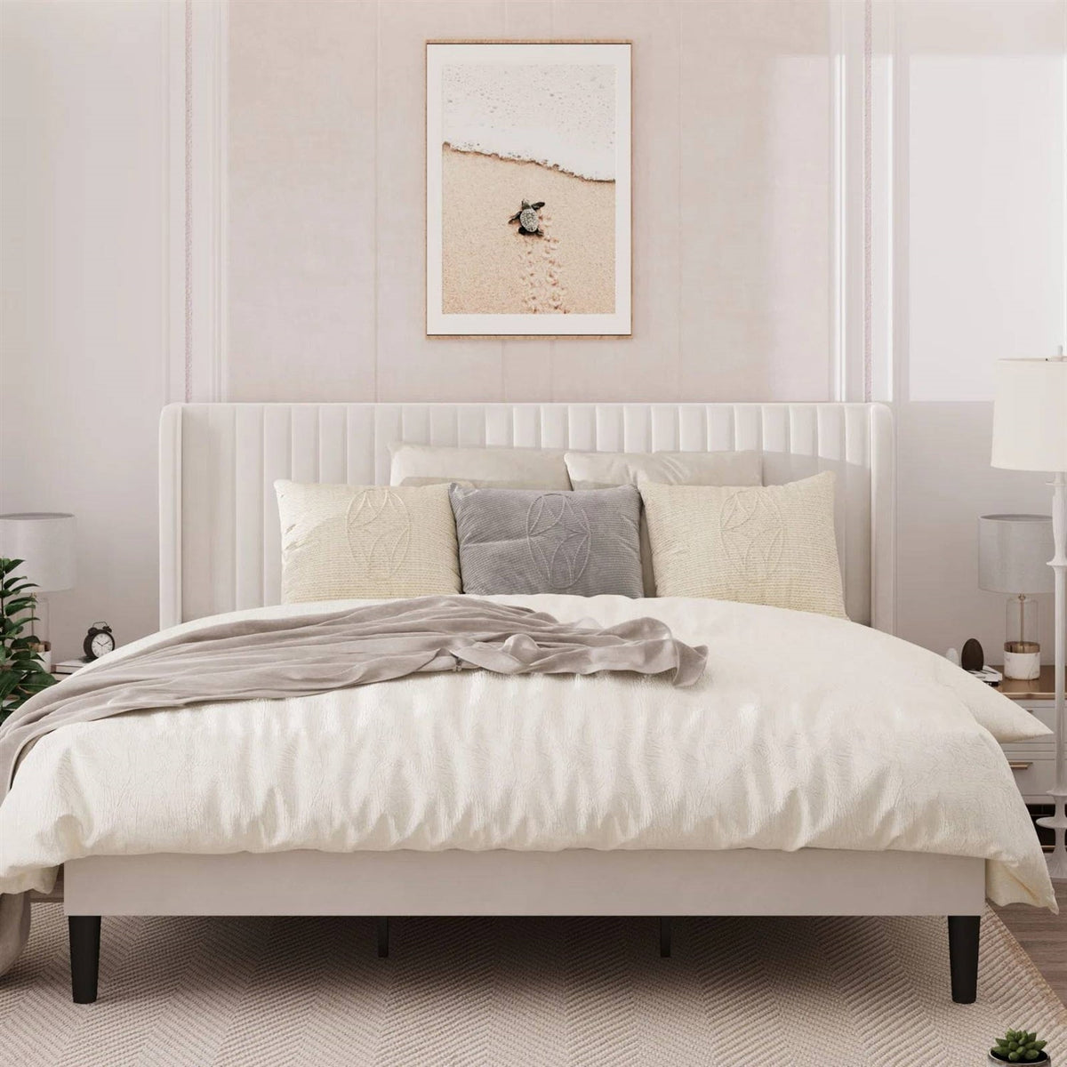 King White Velvet Upholstered Platform Bed with Wingback Headboard – view 2