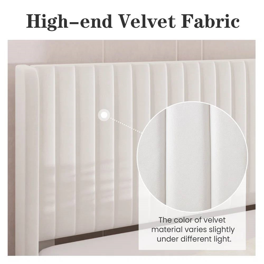 King White Velvet Upholstered Platform Bed with Wingback Headboard – view 4