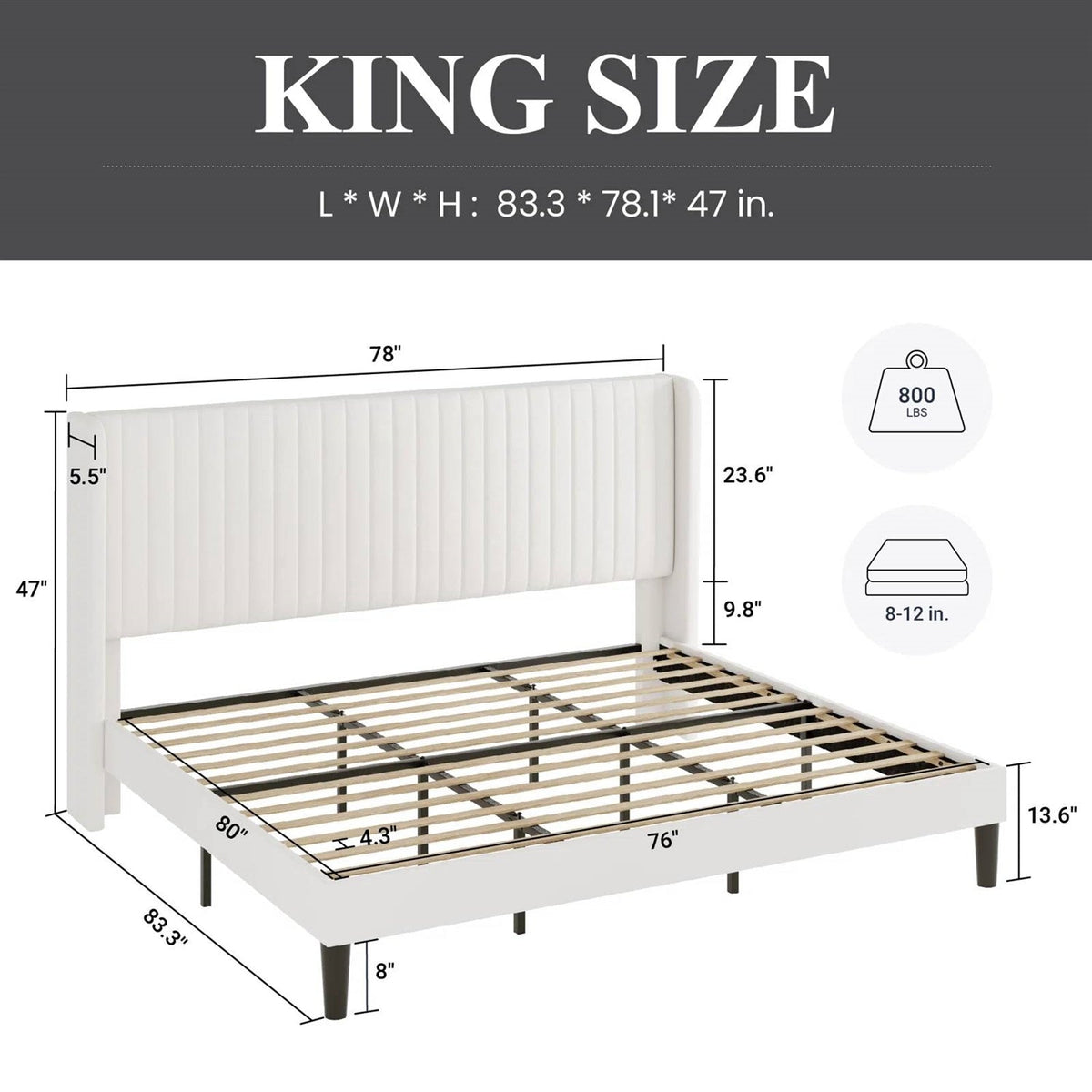 King White Velvet Upholstered Platform Bed with Wingback Headboard – view 5