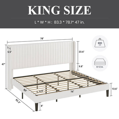 King White Velvet Upholstered Platform Bed with Wingback Headboard – view 5