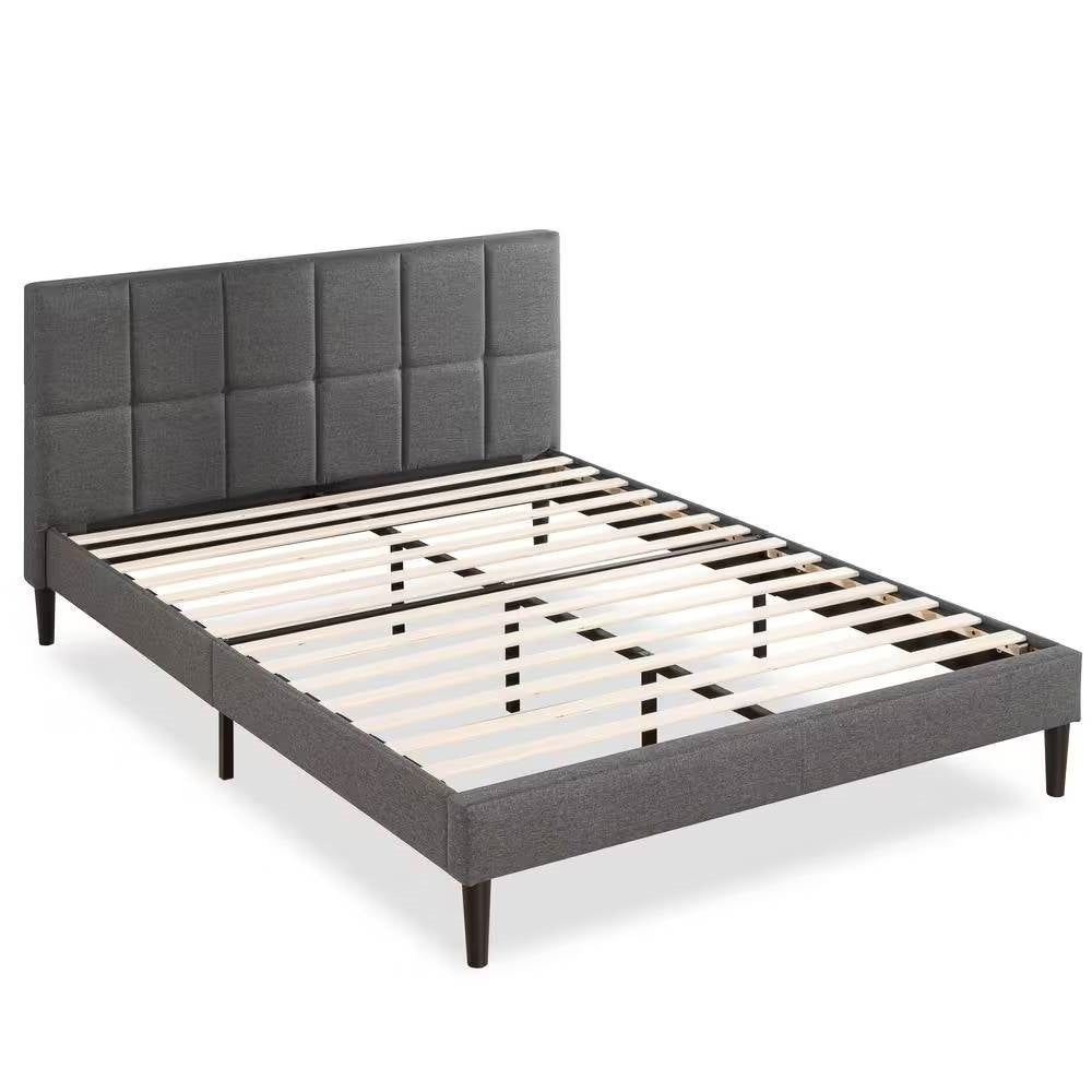 Grey Upholstered Queen Platform Bed Frame with Padded Headboard