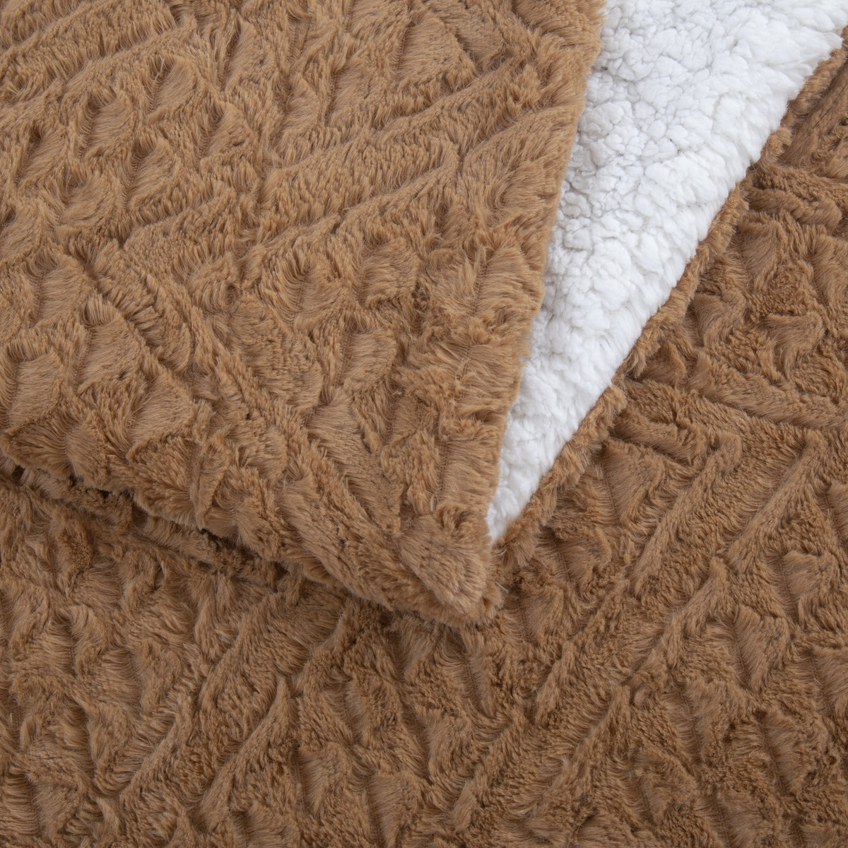 Caramel Brown Embossed Chevron Faux Fur and Sherpa Throw Blanket – view 3