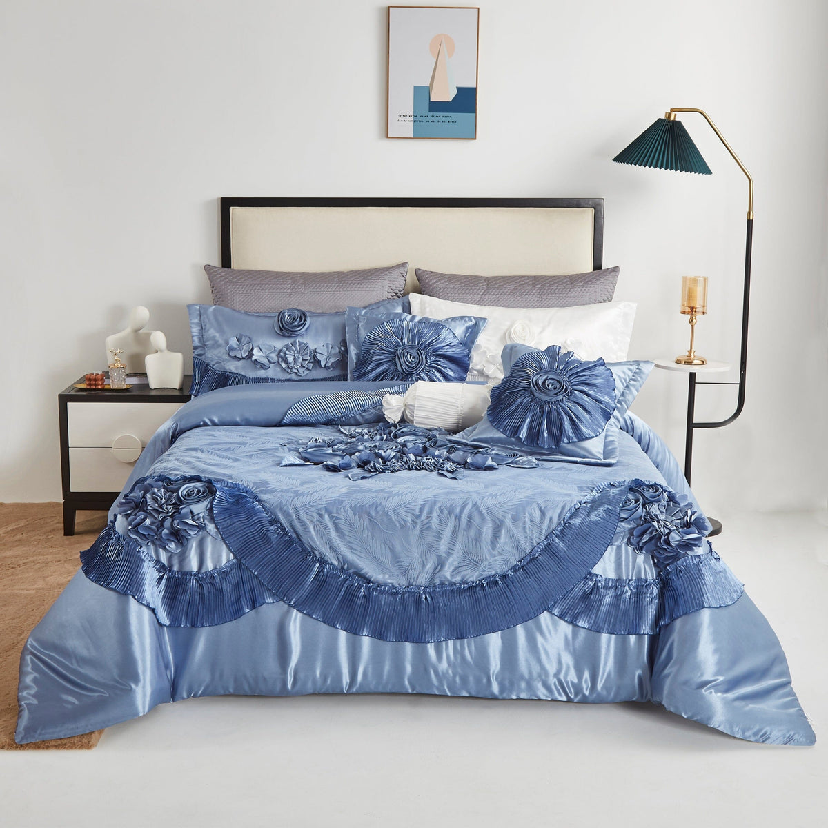 Satin Floral Lace Comforter Set, Sweet Victorian Blue
