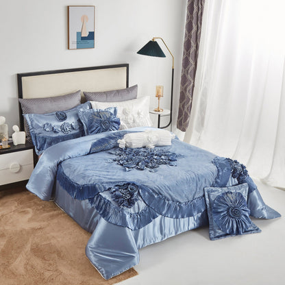 Sweet Victorian Blue Satin Floral Lace Ruffle Comforter Set – view 3