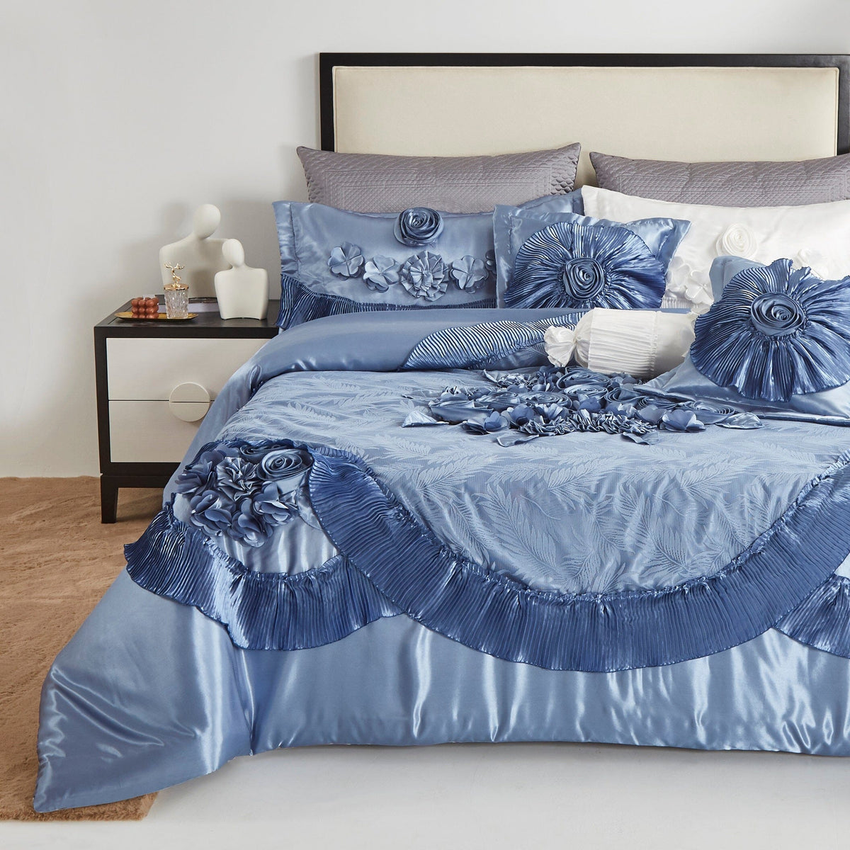 Sweet Victorian Blue Satin Floral Lace Ruffle Comforter Set – view 2
