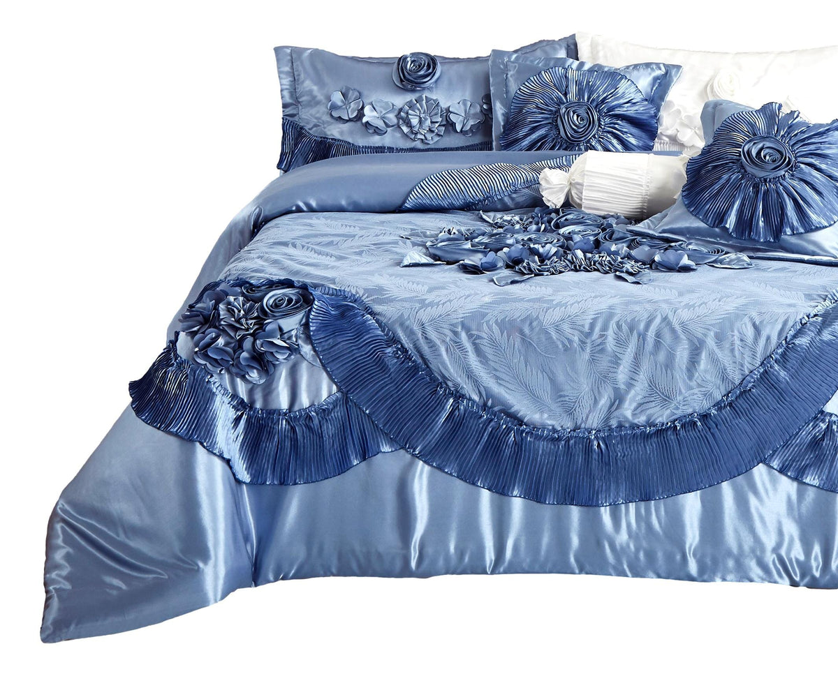 Sweet Victorian Blue Satin Floral Lace Ruffle Comforter Set – view 11