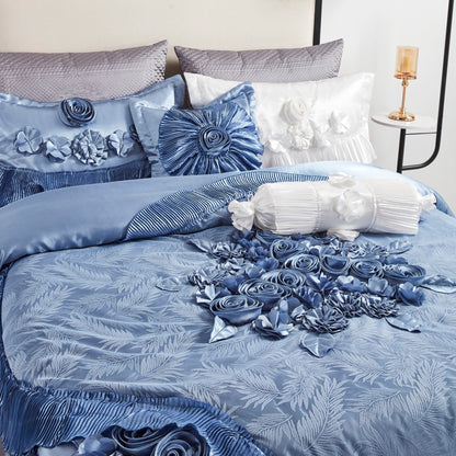 Sweet Victorian Blue Satin Floral Lace Ruffle Comforter Set – view 4