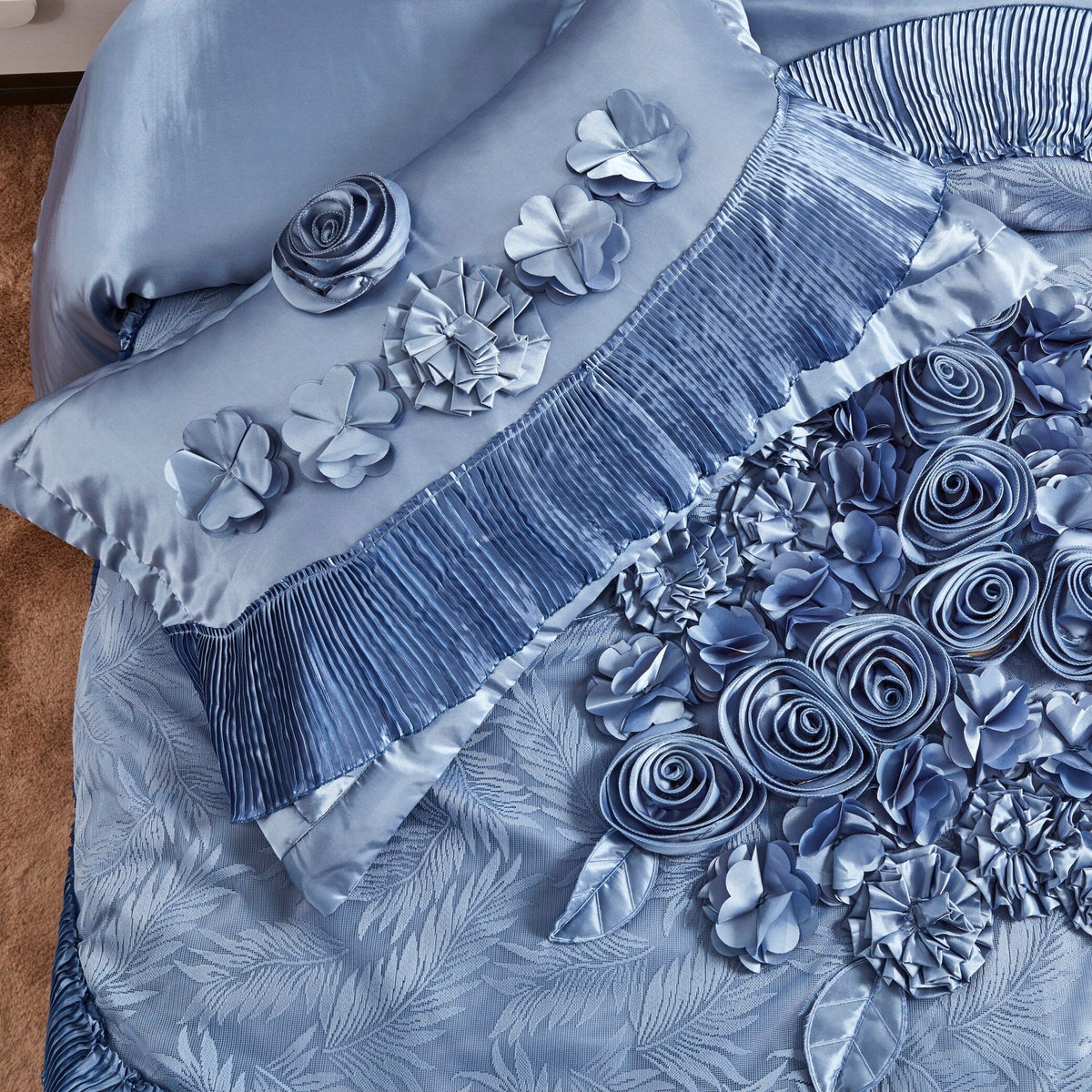 Sweet Victorian Blue Satin Floral Lace Ruffle Comforter Set – view 7