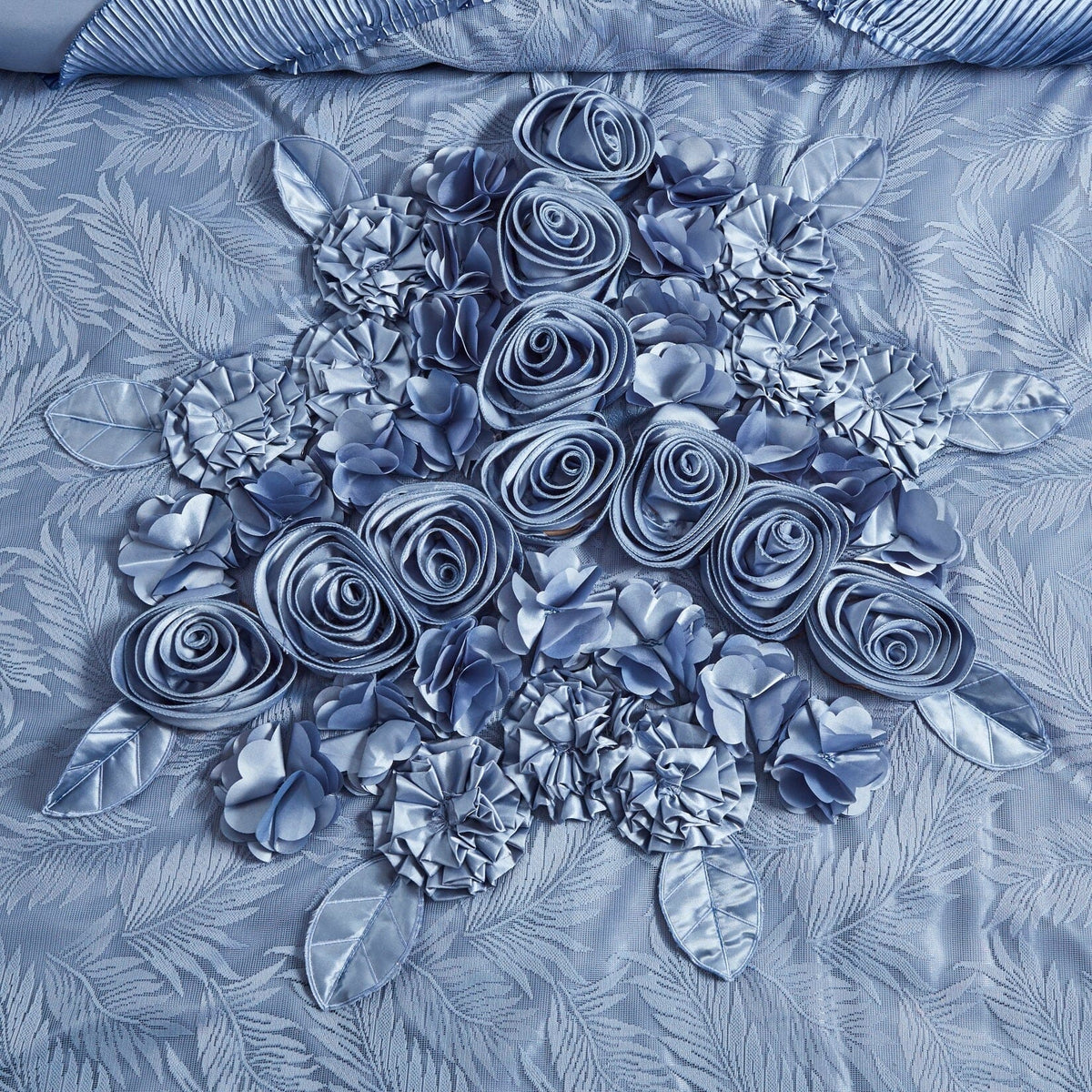 Sweet Victorian Blue Satin Floral Lace Ruffle Comforter Set – view 5