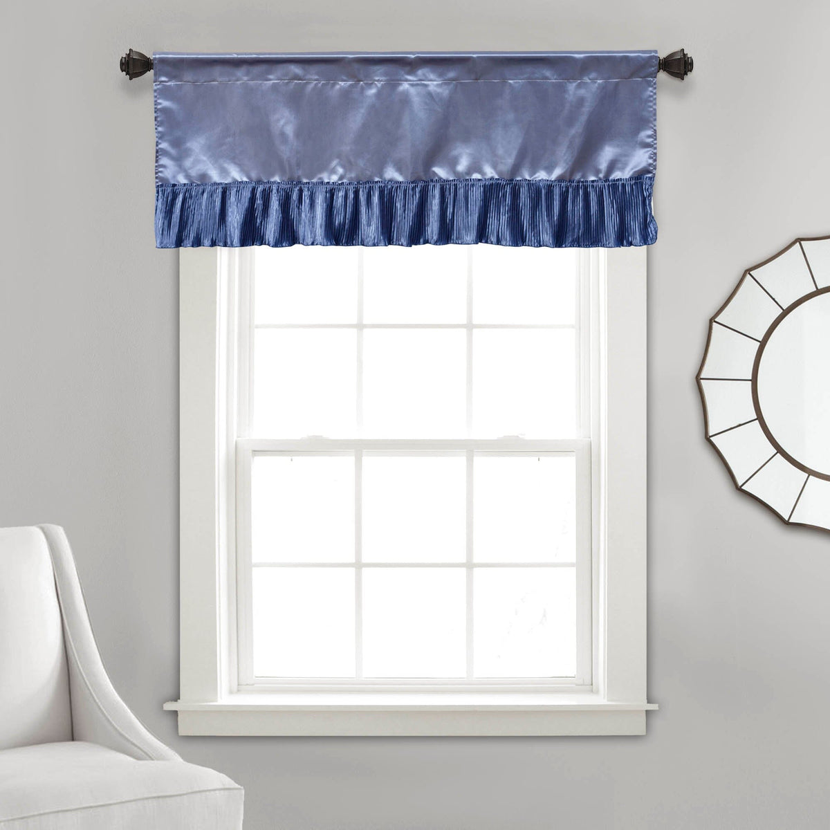 Blue Satin Ruffle Window Valance, Tailored, 18 x 52 Inches