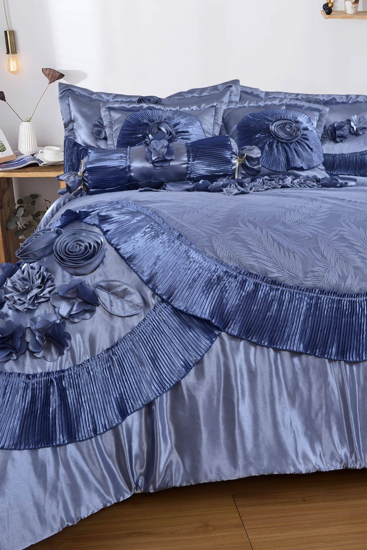 Sweet Victorian Blue Satin Floral Lace Ruffle Comforter Set – view 10