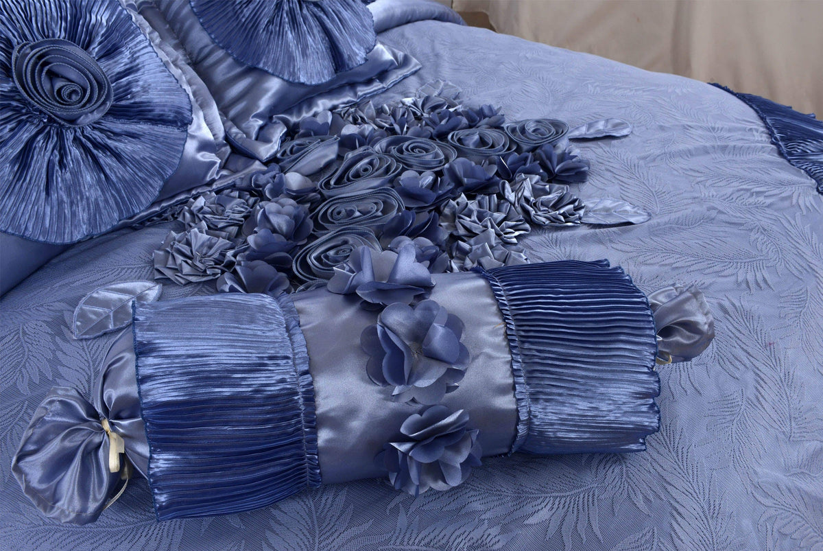 Sweet Victorian Blue Satin Floral Lace Ruffle Comforter Set – view 8