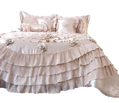 Frosted Field Champagne Beige Satin Ruffle Comforter Set – view 9