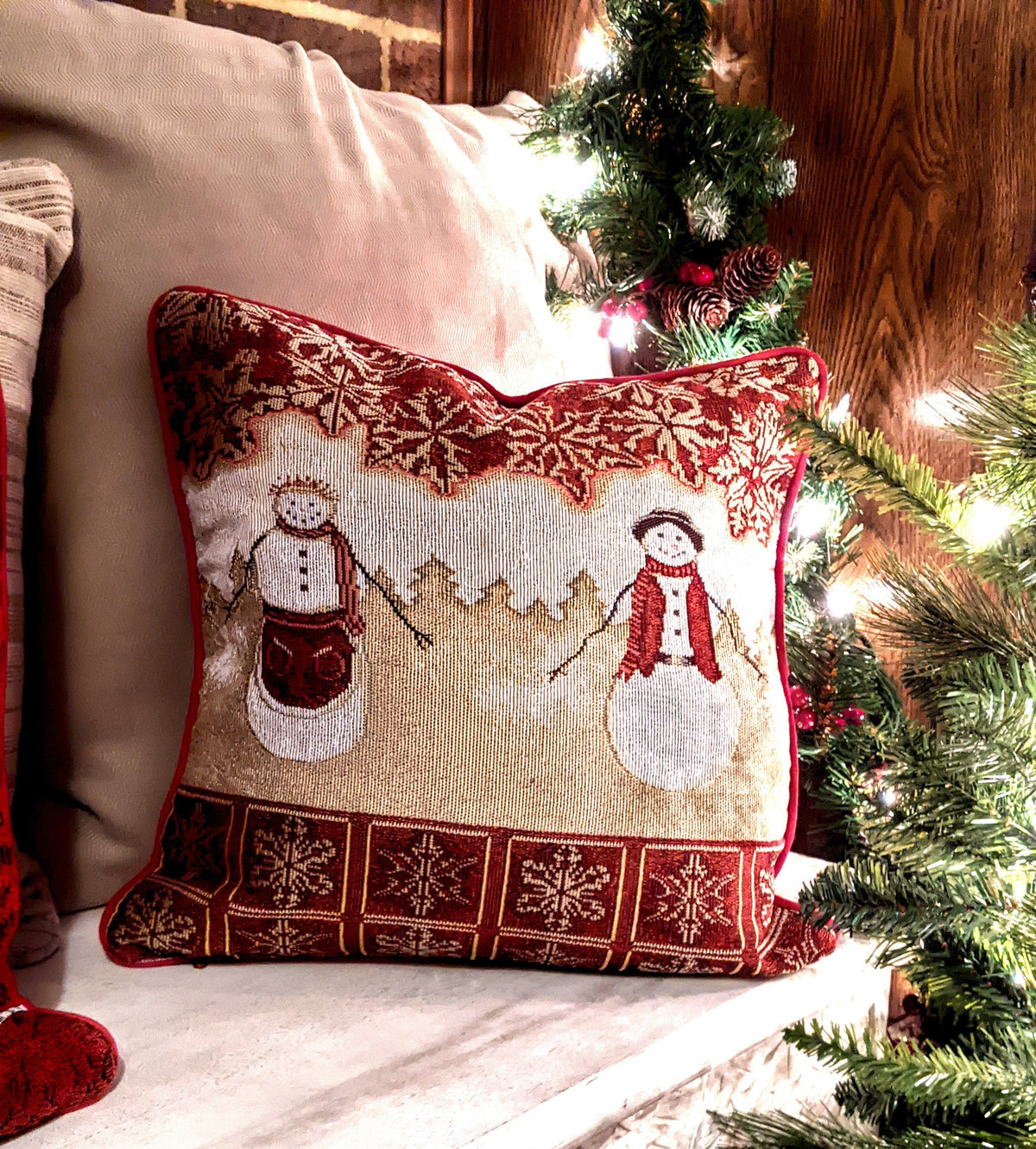 Mr. and Mrs. Snowman Couple Woven Tapestry Christmas Pillow Cover – view 2