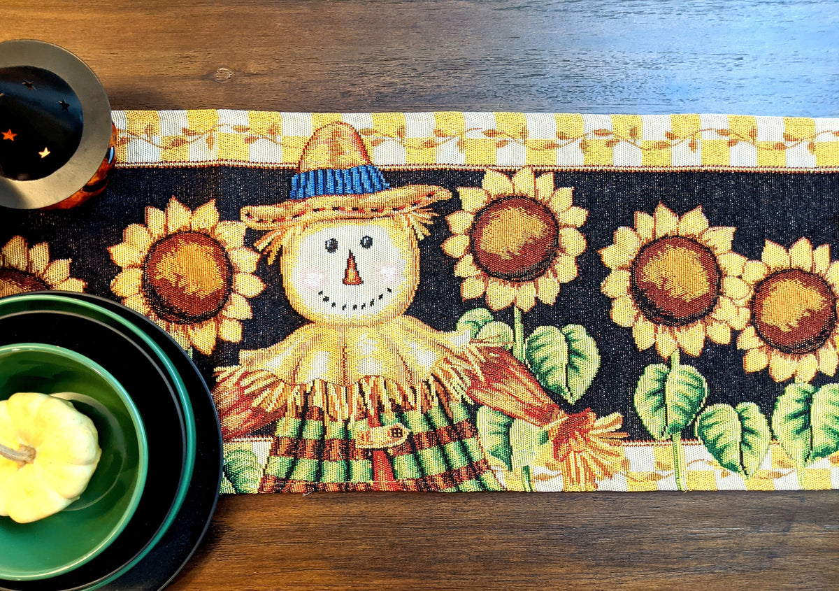 Sunflower Field Scarecrow Autumn Harvest Woven Tapestry Table Runner – view 3