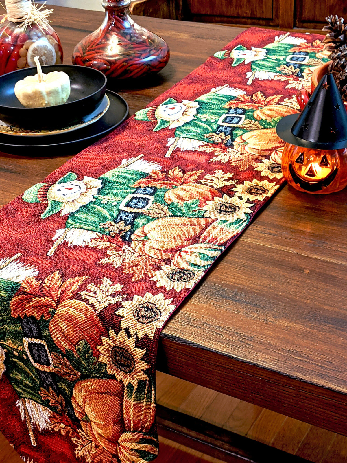 Pumpkin Patch Scarecrow Autumn Harvest Woven Tapestry Table Runner – view 3