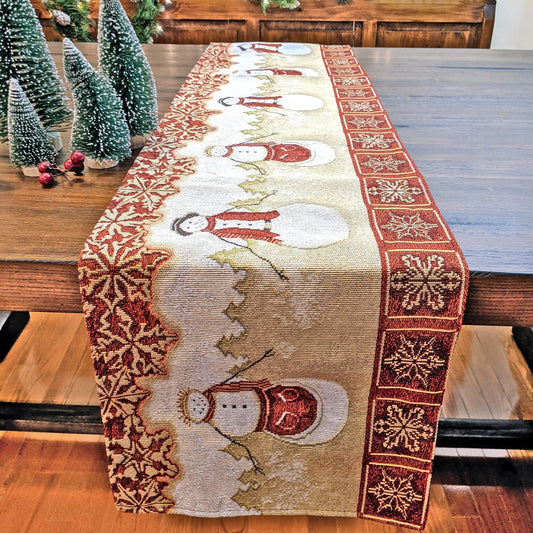 Woven Tapestry Mr. & Mrs. Snowman Couple Table Runner