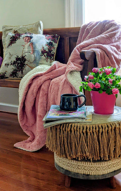 Dusty Muted Pink Faux Fur and Sherpa Throw Blanket – view 6