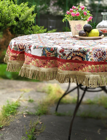 Elegant Ivory Ornate Paisley Woven Tapestry Tablecloth – view 17