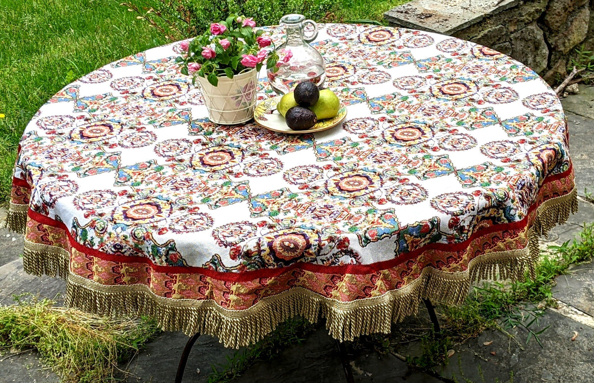 Elegant Ivory Ornate Paisley Woven Tapestry Tablecloth – view 8