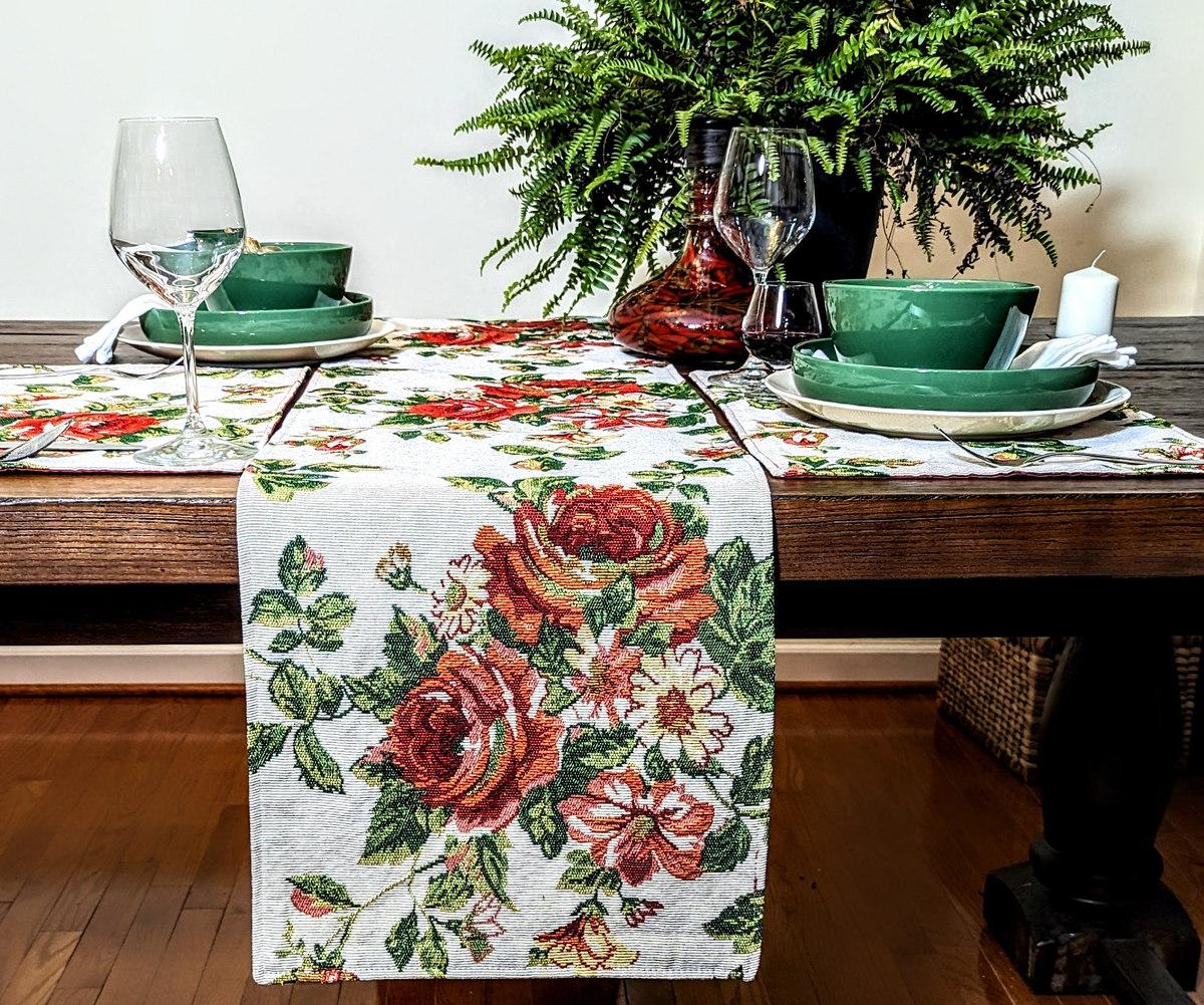 Woven Floral Tapestry Table Runner, Sweet Roses Vintage Ivory