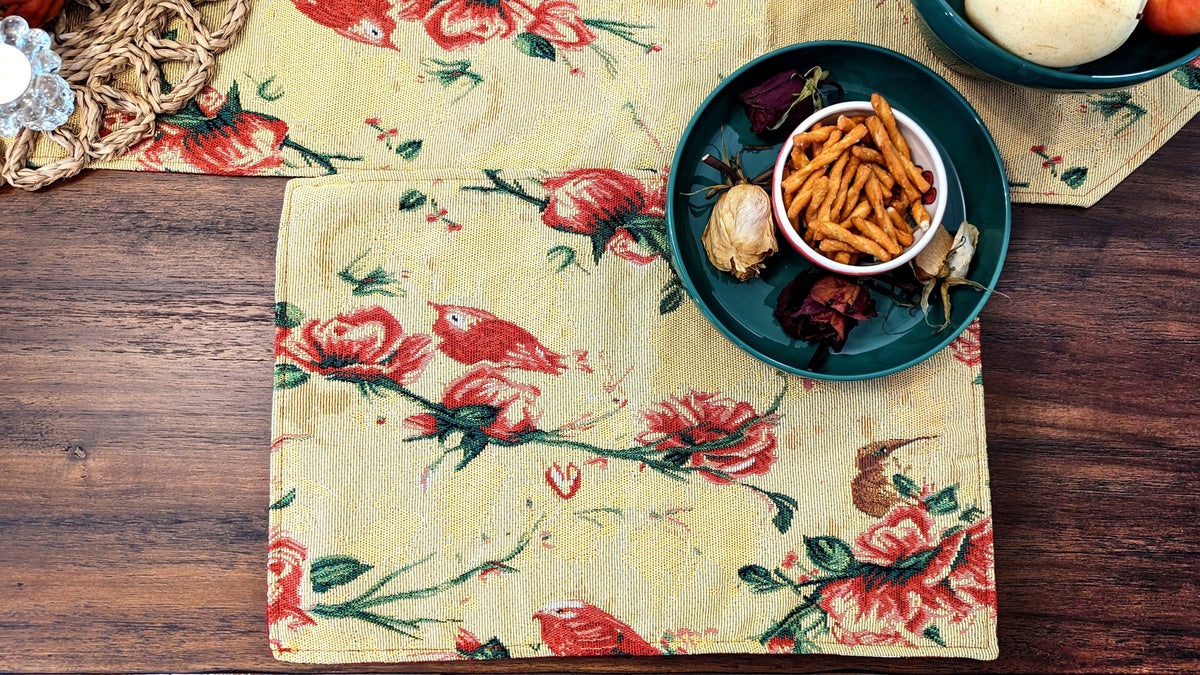 Woven Tapestry Placemat Set, Floral Finches and Ruby Red Roses