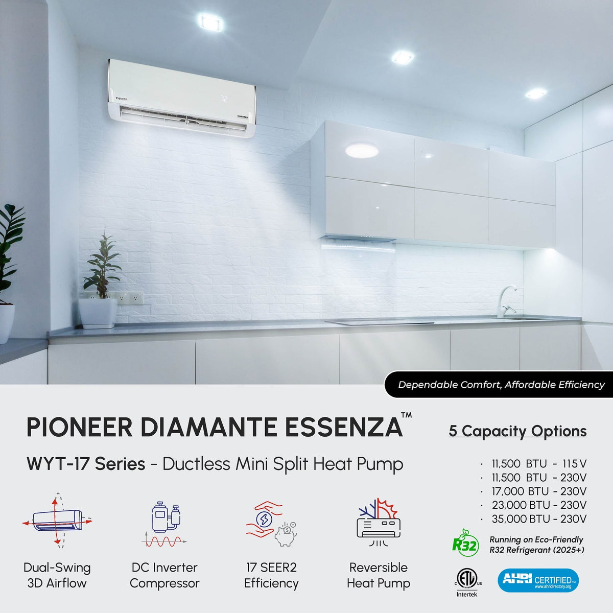 Pioneer Diamante Essenza 35,000 BTU 17 SEER2 230V High-Wall Ductless Mini-Split Air Conditioner Inverter Heat Pump with 16 Ft. Kit – view 4
