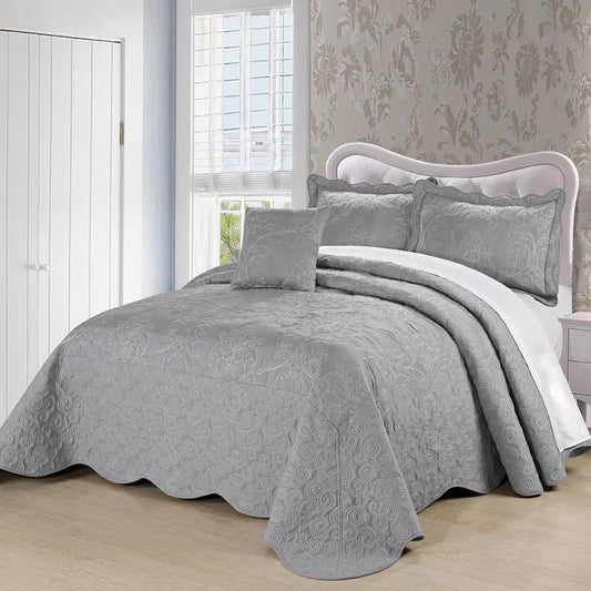 Ash Grey Damask Embroidered Queen Oversized Bedspread Set