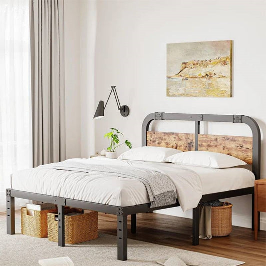 Queen Black Metal Platform Bed with Solid Pine Headboard