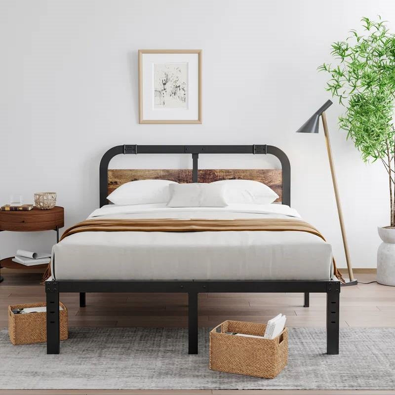 Queen Heavy Duty Black Metal Bed Frame with Solid Pine Headboard – view 2