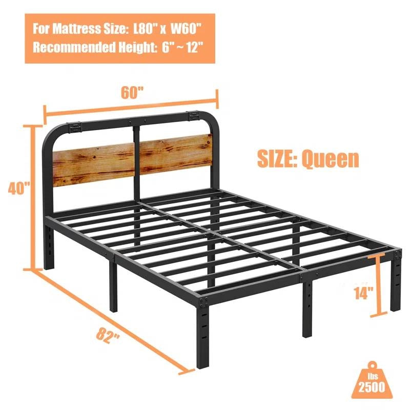 Queen Heavy Duty Black Metal Bed Frame with Solid Pine Headboard – view 5