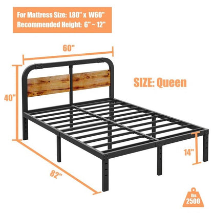 Queen Heavy Duty Black Metal Bed Frame with Solid Pine Headboard – view 5