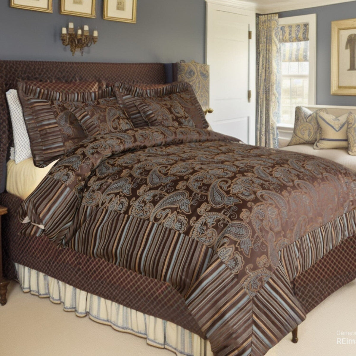 Polyester Paisley Comforter Set with Zippered Cover, Brown & Blue