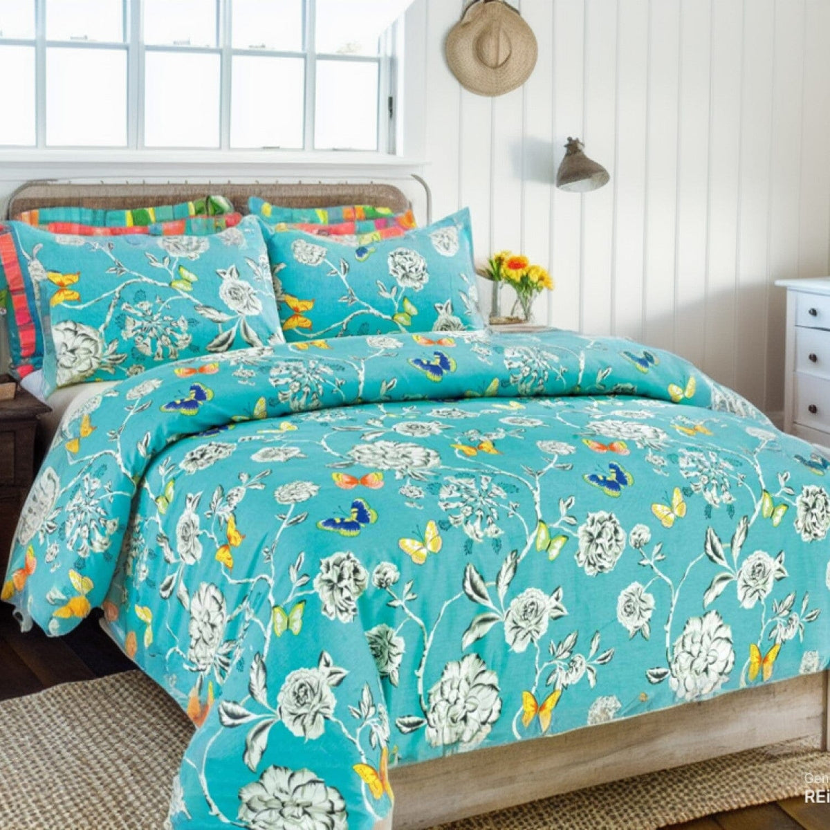 Cotton Aqua Floral Butterfly Duvet Cover