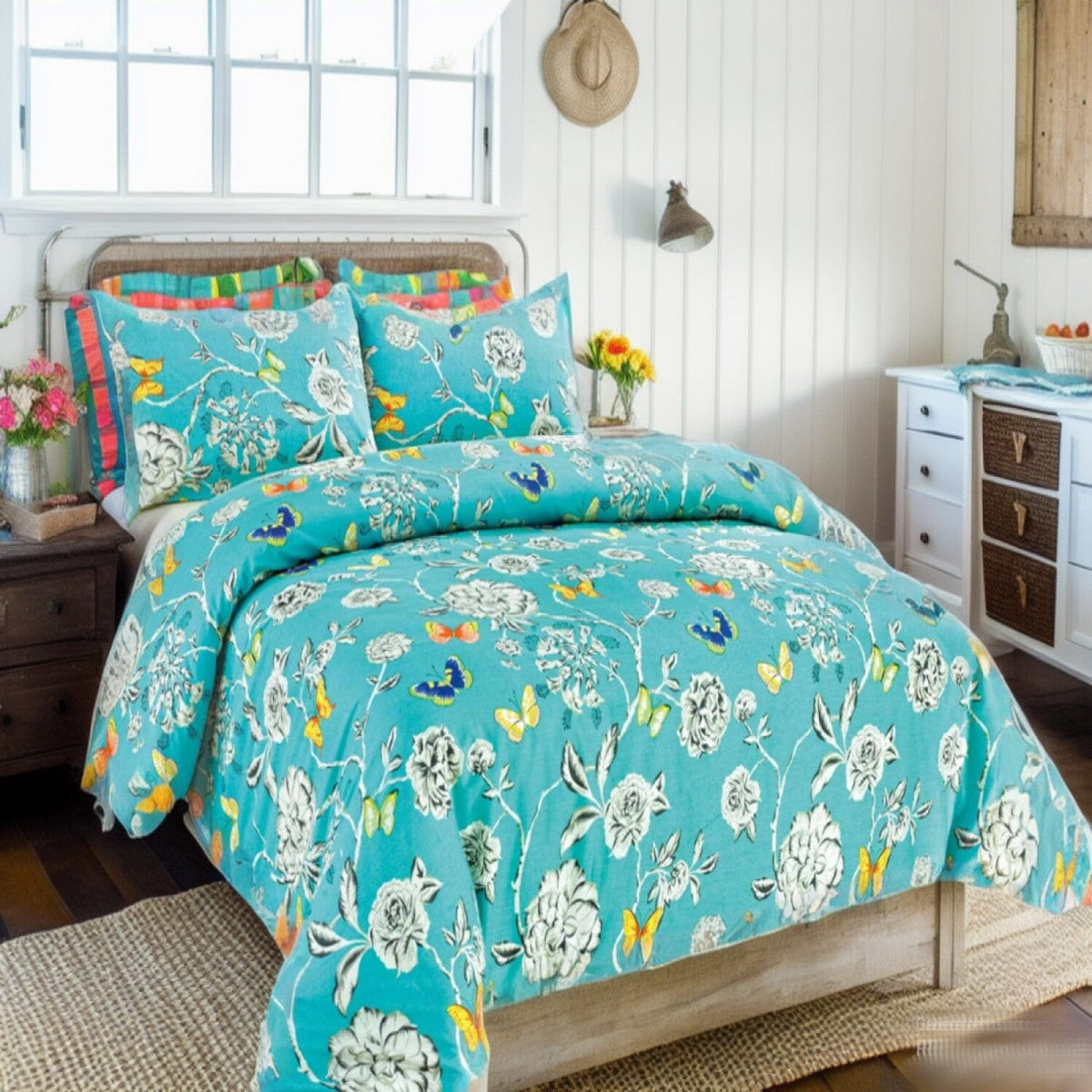 Butterfly Wonderland Aqua Floral Cotton Duvet Cover Set – view 10