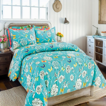 Butterfly Wonderland Aqua Floral Cotton Duvet Cover Set – view 10