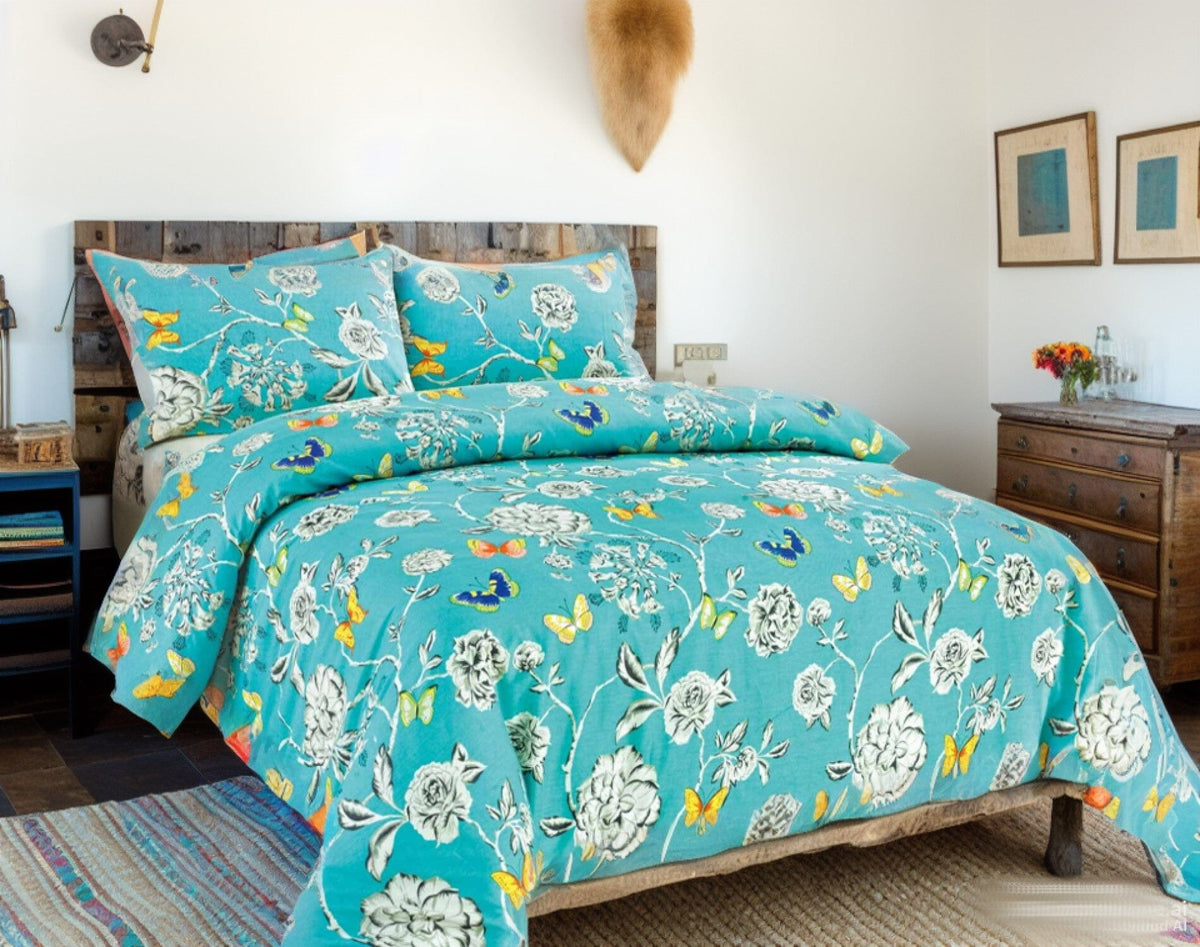 Butterfly Wonderland Aqua Floral Cotton Duvet Cover Set – view 4