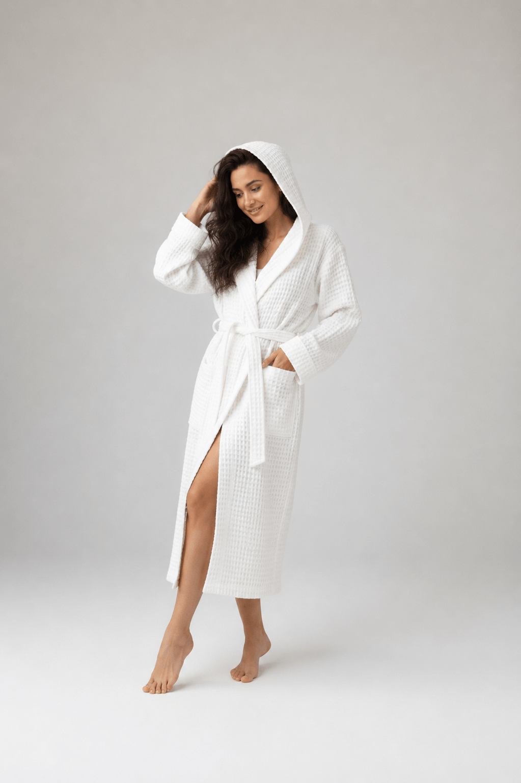 Turkish Cotton Waffle Weave Hooded Bathrobe, Unisex Spa Robe – view 8