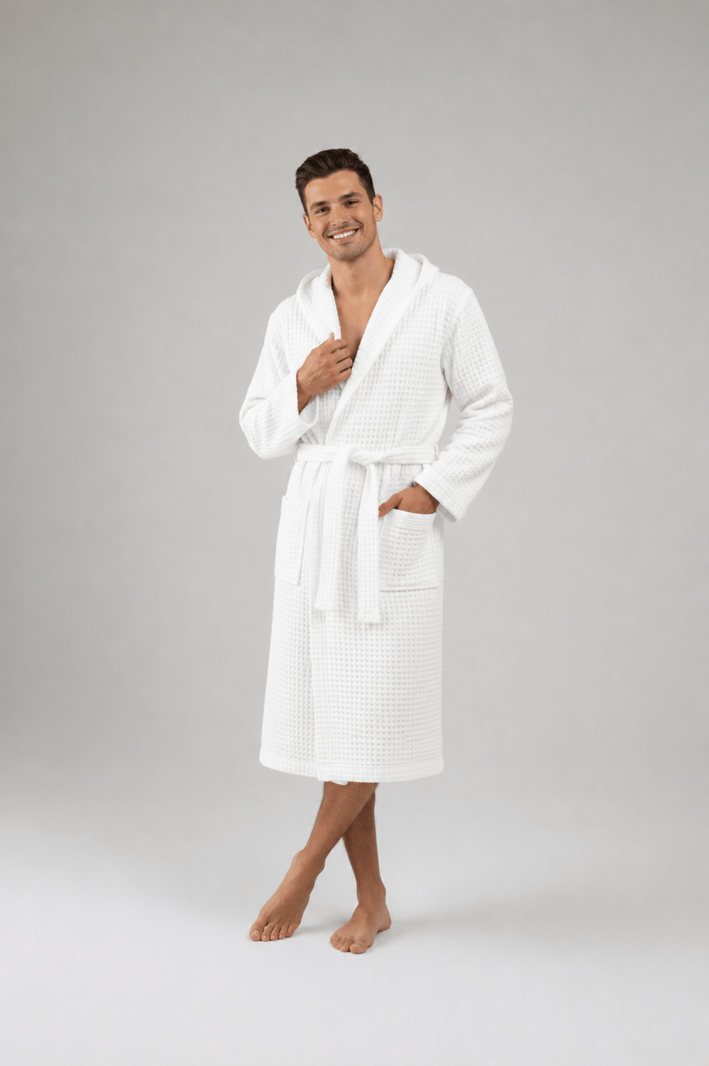 Turkish Cotton Waffle Weave Hooded Bathrobe, Unisex Spa Robe – view 9