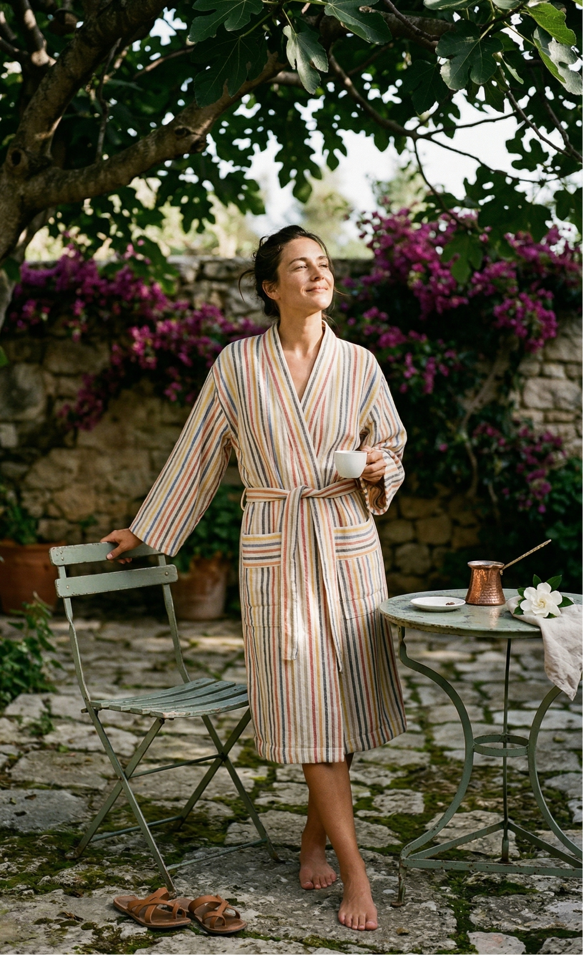 Rainbow Linen Cotton Turkish Robe with Pockets and Belt – view 2