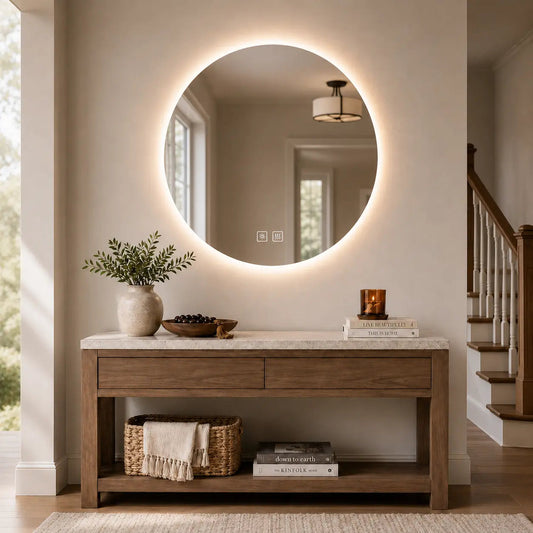 Round backlit LED vanity mirror with soft glowing halo above a bathroom sink