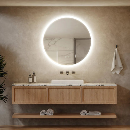 Round LED Bathroom Mirror with Dimmable Light and Anti-Fog