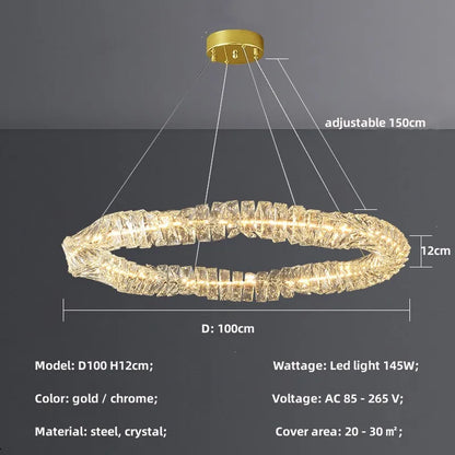 Sophisticated K9 Crystal Ring LED Chandelier, Dimmable, Chrome – view 24
