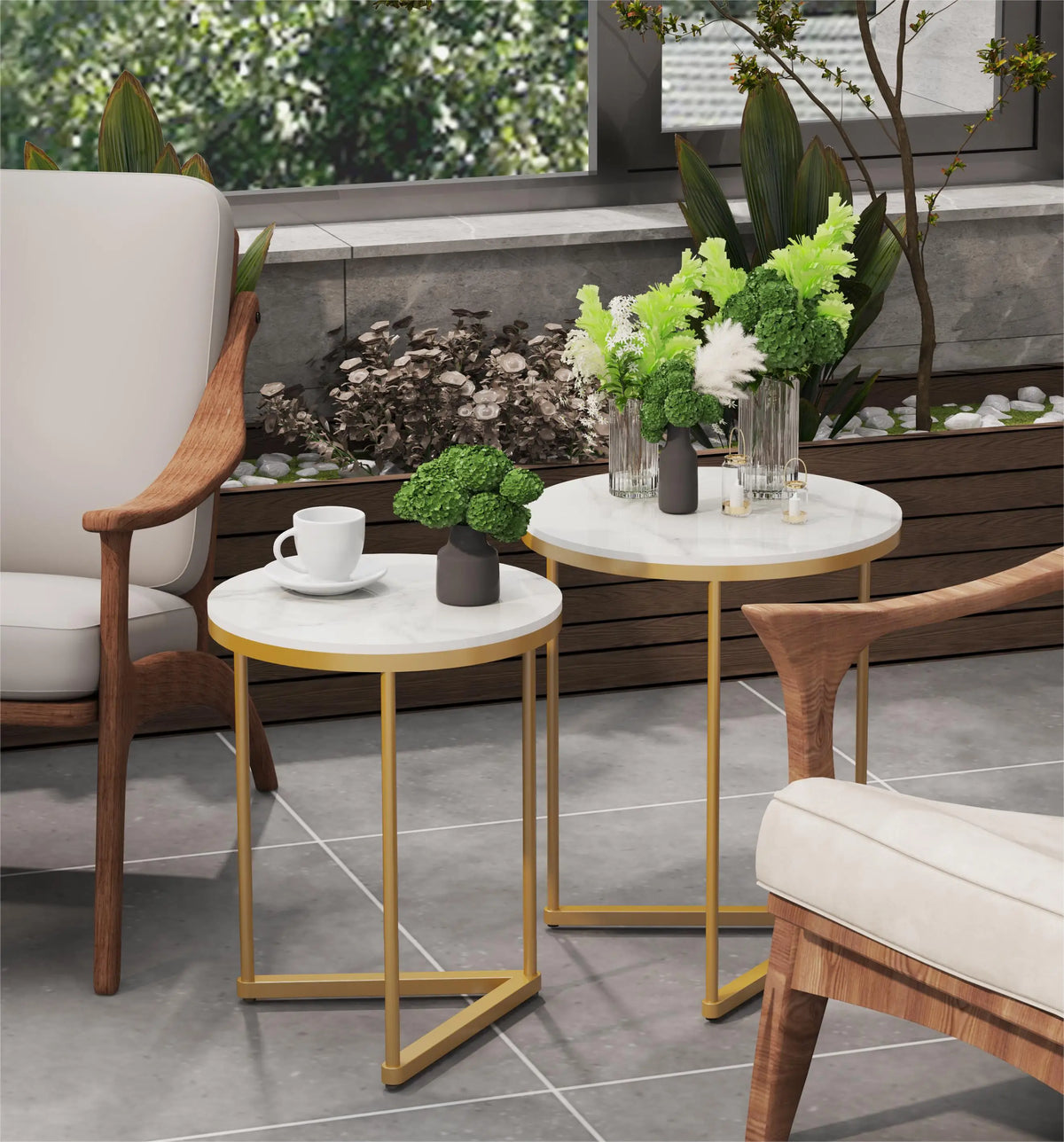 Round Sintered Stone Nesting Side Tables with Gold Metal Frame, Set of 2 – view 3
